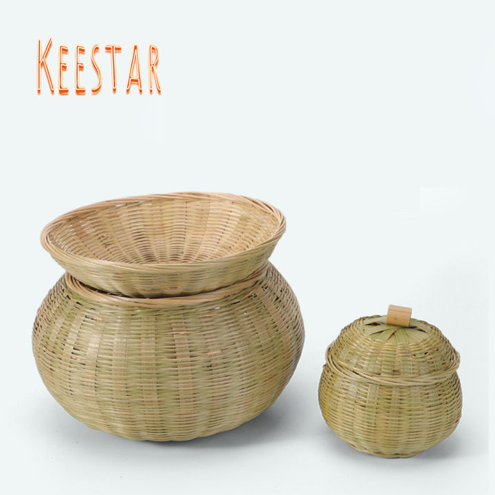 keestar-ตะกร้าไม้ไผ่ใส่ของ-ตะกร้าฟักทองกลมทำจากไม้ไผ่สานมือบริสุทธิ์ผลิตภัณฑ์ไม้ไผ่ใช้ในครัวเรือนพร้อมฝาปิด