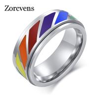 KOTiK 2022 New Fashion Silver Color Stainless Steel LGBTQ Rainbow Color Rotatable Wedding Rings for Men Women