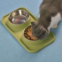 ชามอาหารแมว ชามอาหารแมว สแตนเลส ชามคู่ พร้อมเสื่อกันลื่น Pet Cat Water Feeder Pet Food Storage Dish Durable Dog Feeder Bowls