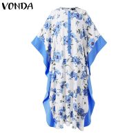 ◑❁ Vonda ชุดเดรสยาว คอกลม แขนทรงปีกค้างคาว 3/4 พิมพ์ลายดอกไม้ ทรงหลวม สไตล์วินเทจ สําหรับสตรี