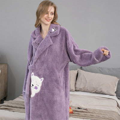 Flannel Bath Robe Women Mid-length Nightgown Winter Home Service Cartoon Warm Sleepwear Birthday Gift Thickened Long Bathrobe