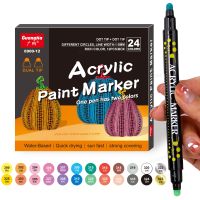 24Colors Double Tip Bicolor Acrylic Paint Marker Set Student Painting Graffiti Pen Brush/Round Tip Stone Wood Cardboard Glass