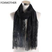 {BUSA Fashion Accessories} FOXMOTHER ผ้าพันคอลูกไม้ลายดอกไม้สีดำสีเหลืองสีชมพูพู่ปิดขอบผ้าคลุมไหล่ผ้าพันคอลายดอกไม้สำหรับผู้หญิงสุภาพสตรี