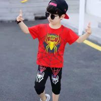 COD SDFGERGERTER Fashion trend boy suit cotton short-sleeved spiderman print T-shirt round neck baby pajamas handsome casual shorts to send spiderman mask[spot]