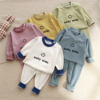 Autumn New Children High Waist Underwear Suits Boys Girls Pure Color Long Sleeves + Pants Loose Clothing Sets Little Kids Indoor Keep Warm Smile Printed Home Clothes Suits For 0-4 Years