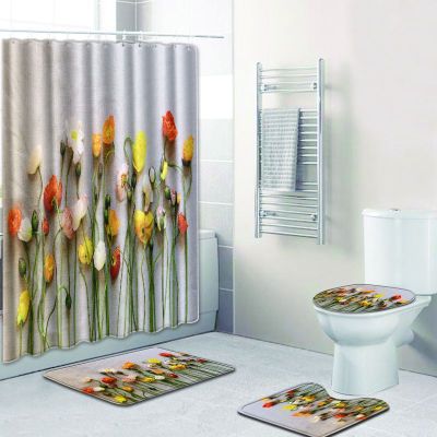 4PCS 3d Floral Bathroom Rug Bath Mat Set with Waterproof Shower Curtain Toilet Floor Mat Anti-slip U-Shaped Shower Mat Bath Rugs