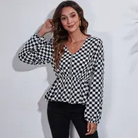 White and Black Plaid V-Neck Lantern Sleeve Chiffon Tops Women Slim Waist Tees New  Spring Shirts