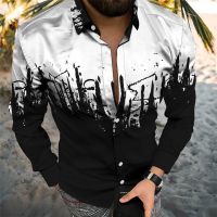 แขนยาวเสื้อเบลาส์ชายหาดคอปกเสื้อแฟชั่นผู้ชายเสื้อลายพิมพ์3มิติลายหมึกแบบเสื้อฮาวาย