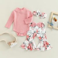 Baby Girls Jumpsuits Set Ribbed Half Turtleneck Long Sleeves Romper and Casual Floral Print Flared Pants Headband 3pcs  by Hs2023