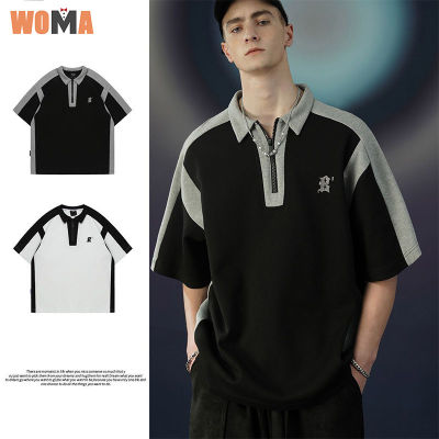 WOMA แขนสั้นผู้ชาย,เสื้อโปโลเข้ากับทุกชุดแขนสั้นคอปกอินเทรนด์เสื้อยืดแบบหลวมแบรนด์