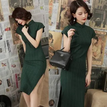 Solid Slim Cheongsam Dress, Elegant Short Sleeve Stand Collar Split Qipao  Dress, Women's Clothing