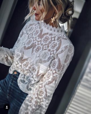 AYUALIN lady white lace blouse shirt women long sleeve see through sexy blusa vintage femme transparent top casual boho blouses