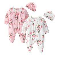 COD DSFERTEREERRE Floral Printing Newborn Baby Girl Clothes Peter Pan Collar Jumpsuits Hats Princess Autumn Girls Footies Body suits