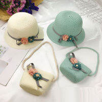 【CW】Cute Girls Straw Hat Sun Hat Should Bag Handbag 2Pcs Sets For Tour Summer Kid Princess Floral Beach Hats For Party Outdoor