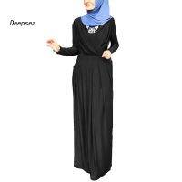 LYQ-Muslim Abaya Dress Women Long Sleeve Belt Waist Tight Large Hem Jilbab Kaftan