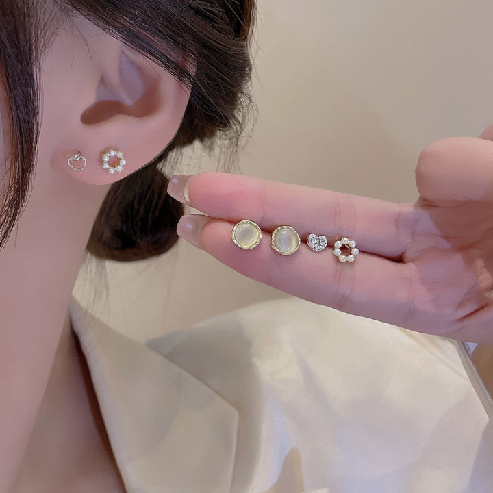 kang-jessy-ต่างหูโอปอลหกชิ้นผู้หญิงไม่จำเป็นต้องหยิบต่างหู-s925-ต่างหูมุกชุดเรขาคณิตเข็มเงิน
