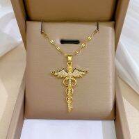 สร้อยคอเหล็กไร้สนิม CZ มุมปีกงู Ouroboros ไม้กายสิทธิ์ Caduceus Asclepius สร้อยคอภาพยนตร์ฉุกเฉินเครื่องประดับ
