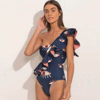 Monokini Blue Eyes Ruffle ชุดว่ายน้ำสูงเอว Slim One ไหล่บิกินี่ผู้หญิง2022แฟชั่น Backless Y Beachwear Pool Wear