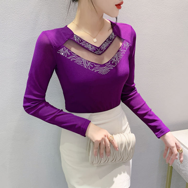 rehin-เสื้อผู้หญิงคอวีออกแบบแฟขั่นผ้าตาข่ายมาใหม่ล่าสุดอเนกประสงค์-เสื้อผู้หญิงแขนยาวเจาะรูสำหรับใส่ในฤดูใบไม้ร่วง