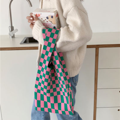 Crossbody Knit Bag Knitted Pattern Purse Checkerboard Wool Handbag Womens Shoulder Bag Contrasting Color Knitted Bag