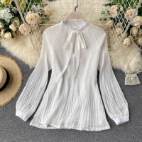 2021Autumn 2020 New Ladys Shirt Chic Women Fashion Lace-up Bow Collar Pleated Chiffon Blouse Solid Color Elegant Tops P066