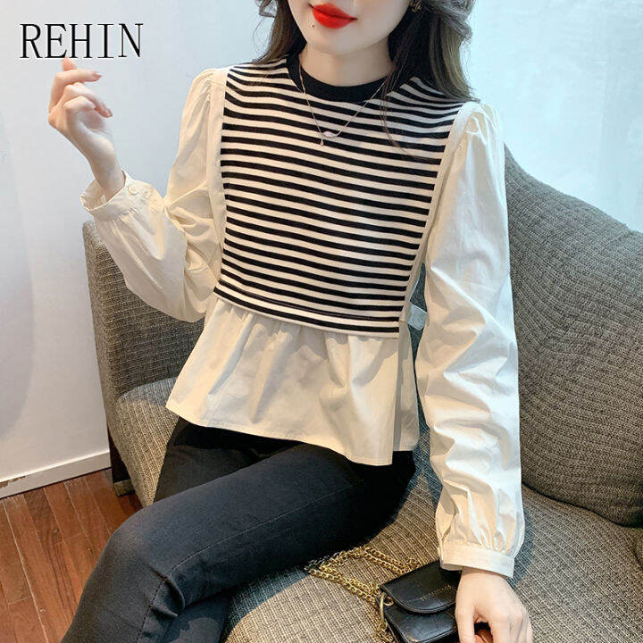 rehin-ผู้หญิงฤดูใบไม้ร่วงใหม่เกาหลีรุ่นลายเสื้อแขนยาวเอวสูงรอบคอ-niche-elegant-เสื้อ