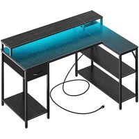 L Shaped Gaming Desk with LED Lights Power Outlets Reversible Computer Desk with Shelves Drawer Corner Desk Home Office Desk