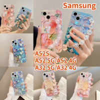 RTY Wristlet ปลอกสำหรับ Samsung Galaxy A52 5G Samsung A52s 5G Samsung A32 5G Samsung A32 4G Samsung A52 4G Crossbody เคสโทรศัพท์ Bluray แววน้ำมันภาพวาดดอกไม้เพชรเคสแบบนุ่ม