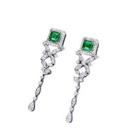 LUCKY DOLL หรูหราแฟชั่นต่างหูที่มีสีสันเจ้าหญิงต่างหูเพชรหญิง Retro Emerald Long Earrings