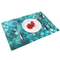 【CC】☬✖  Turquoise Placemats Set of 4 Abstract Gold Table Mats Heat-Resisting Polyester