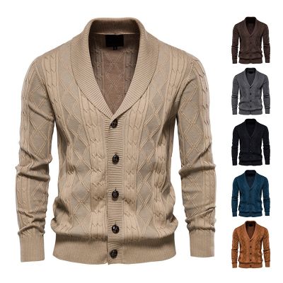 [COD] Cross-border foreign trade mens cardigan V-neck long-sleeved lapel sweater thick knitted suit collar jacket casual Europe and America