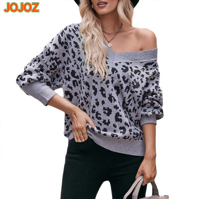 JOJOZ เสื้อสเวตเตอร์แขนเปิดไหล่ยาวผู้หญิง,เสื้อถักแบบถอดออกด้านบนเสื้อกันหนาวลำลองคอวีพิมพ์ลายเสือดาว