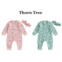 Thorn Tree 2 ชิ้นชุดจั๊มสูทเด็กผู้หญิงชุดพิมพ์ลายดอกไม้แขนยาวชุดรอมเปอร์และชุดคาดศีรษะ