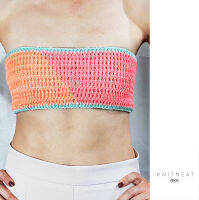 knitneatbkk-BKN333 diagonal color blocks in neon orange and pink bikini บิกินี ถักมือ ไหมพรม สีส้มเเละชมพูนีออน ขนาด 30"-32"-34"-36"