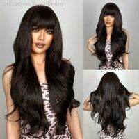 Dark Brown Body Wave Synthetic Wigs with Bangs Long Natural Brown Wavy Wig for Women Daily Party Use High Temperature Fake Hair [ Hot sell ] men Shose Center