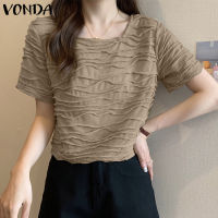 VONDA Women Casual Crew Neck Short Sleeves Solid Texture Cover Up (สาเหตุเกาหลี)