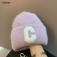 USPOP 2021 New Winter Womens Hat Kintted Wool Skulles Cap Soft Thick Warm Letter C Beanies