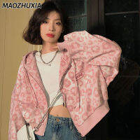 MAOZHUXIA แจ็คเก็ตสำหรับผู้หญิงเสือดาวสีชมพูพิมพ์ตัดเสื้อคาร์ดิแกนใหม่แจ็คเก็ตคลุมด้วยผ้าหลวม