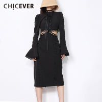 CHICEVER Black Sexy Cut Out Dress For Female Stand Collar Long Flare Sleeve High Waist Midi Solid Womens Clothing  Autumn