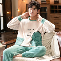 2021 Winter Long Sleeve Thick Warm Flannel Pajama Sets for Men Cute Cartoon Coral Velvet Sleepwear Pyjamas Homewear Home Clothes