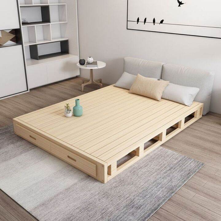 Solid Wood Tatami Bed Shelf Double Bed Rib Grills Plank Bed Japanese