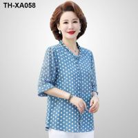 Middle-aged and elderly chiffon shirt summer new mother 50 years old fashion foreign style v-neck wave point mid-sleeved T-shirt small shirt top