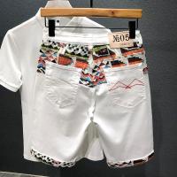 Summer New Denim Shorts Mens Stitching Embroidery Ripped Knee-length Shorts White Black Retro Blue Fashion High Quality Jeans