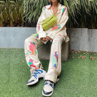 Women Autumn Long Sleeve Homewear Outfit Elegant Single Breasted Top+Wide Leg Pant Suit Fashion Tie-dye Print Lady Streetwear