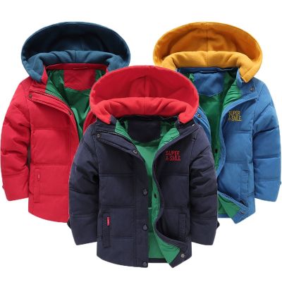 2023 Winter New Boys Jacket Splicing Thicken Keep Warm Hooded Cold Protection Windbreake For 3-10 Years Old Kids Coat