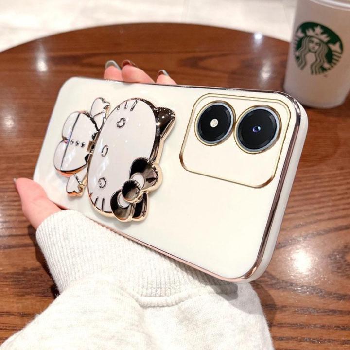 folding-makeup-mirror-phone-case-for-vivo-y02s-y16-y77-y77e-t1-case-fashion-cartoon-cute-cat-multifunctional-bracket-plating-tpu-soft-cover-casing