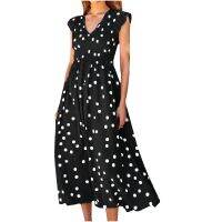 Casual Polka Dot ชุด R แขนสั้น V คอกลางลูกวัวชุดเอว Tunic หลวมฤดูร้อน Robe Femmes