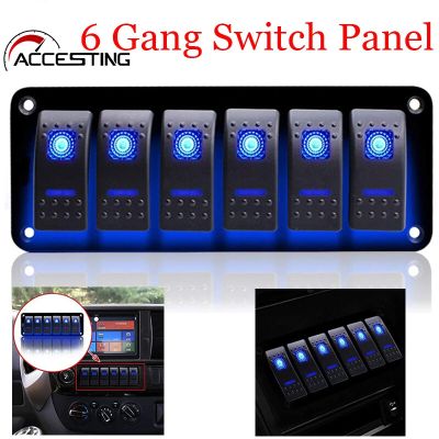 6 Gang Rocker แผงสวิตช์ Dual Blue LED Rocker แผงสวิตช์สำหรับรถบรรทุกรถ Marine เรือ12/24V ON-OFF แผงสวิตช์ไฟแช็ก Socket Circuit Breaker RV ชุดอุปกรณ์เสริม