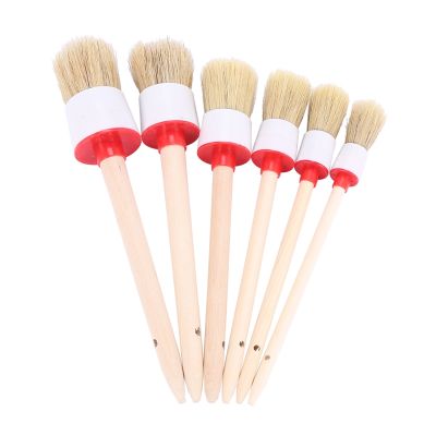 Natural Boar Hair Detail Brushs(Set of 6), Detailing Brush Set for Cleaning Weels, Interior, Exterior, Leather