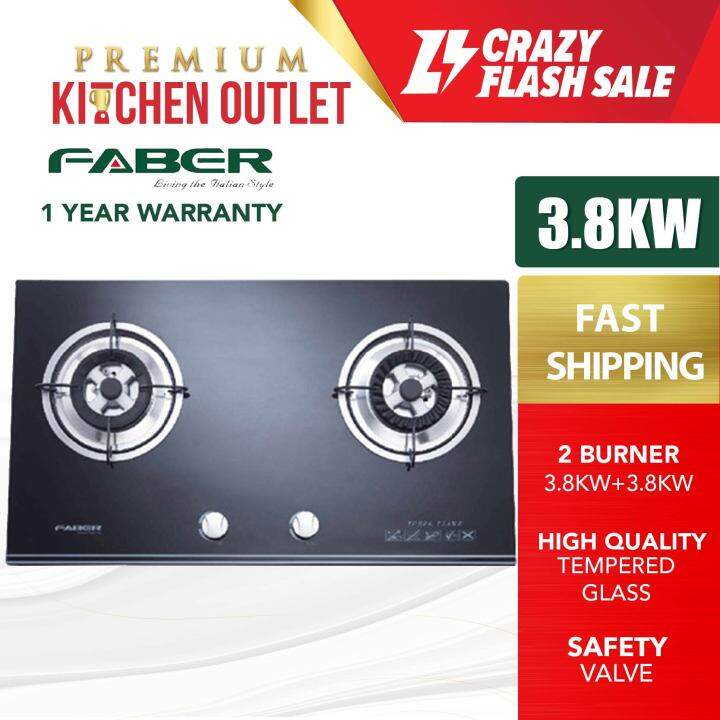 FABER 2 Burners Built in Gas Cooker Glass Hob Safety Valve FGH 372/78